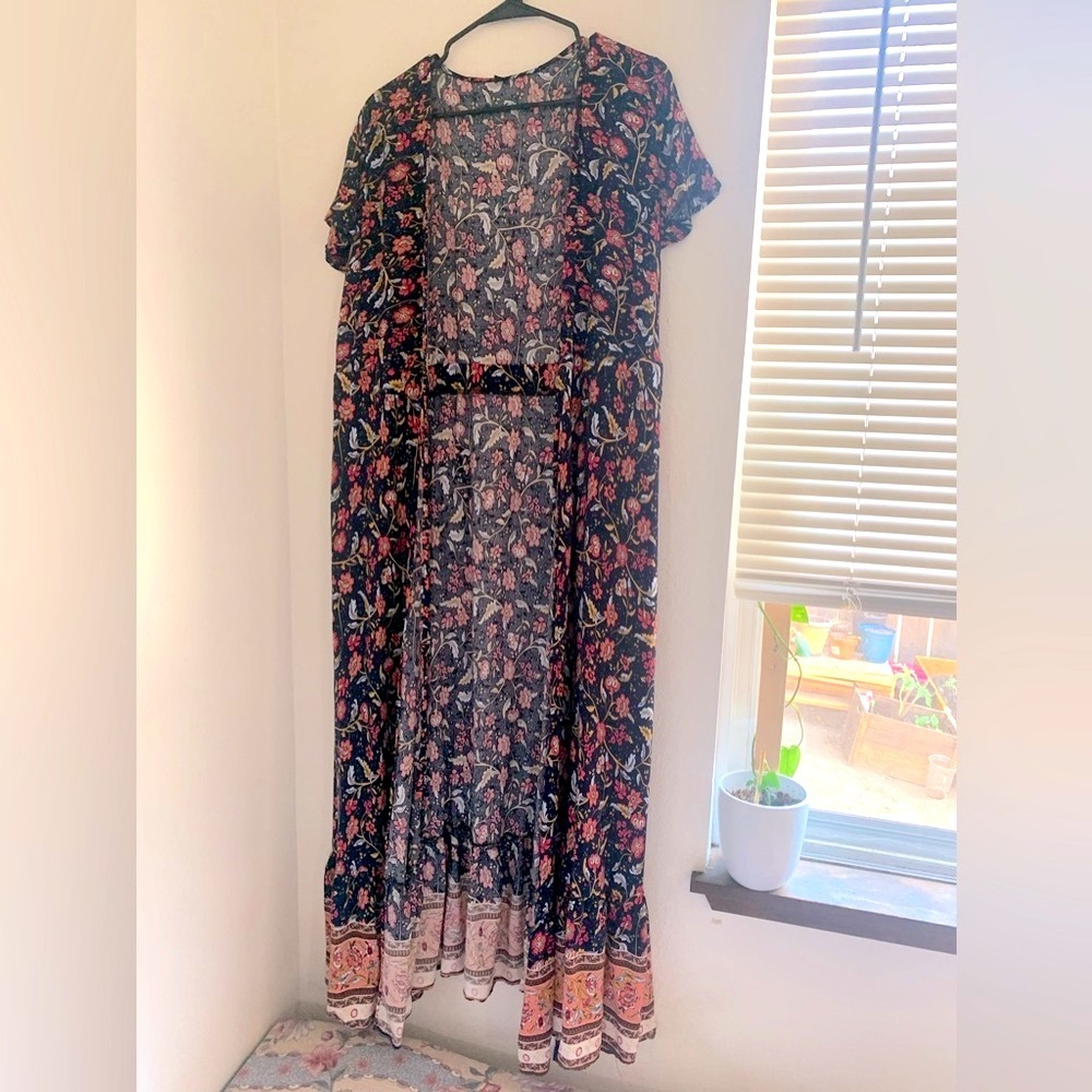 long cardigan| floral dress cardigan short sleeve tied| floor length maxi
